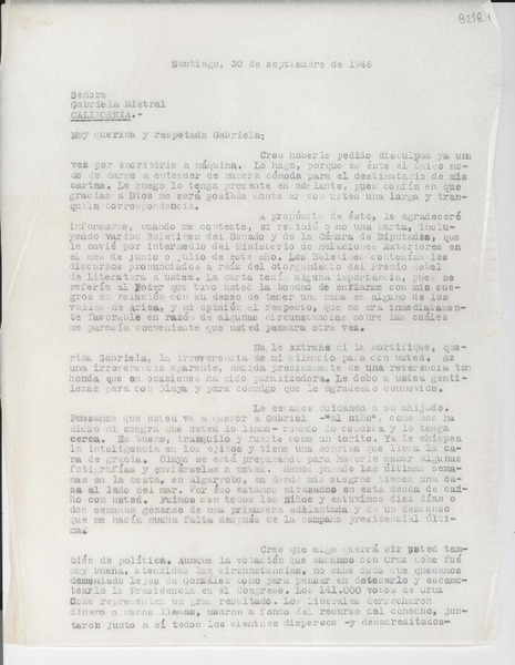 [Carta] 1946 sept. 30, Santiago [a] Gabriela Mistral, California