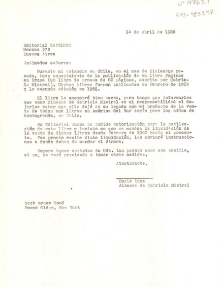 [Carta] 1966 abr. 14, Hack Green Road, Pound Ridge, New York, [Estados Unidos] [a] Editorial Kapelusz, Buenos Aires, Argentina
