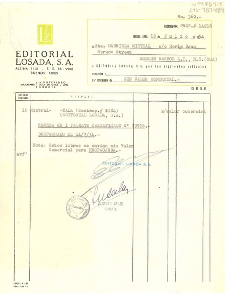 [Recibo] 1954 jul. 13, Buenos Aires, [Argentina] [a] Gabriela Mistral co Doris Dana, Roslyn Harbor, New York, (U.S.A.)