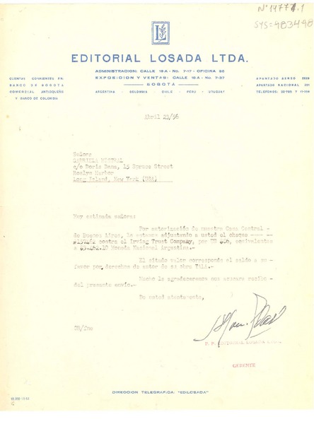 [Carta] 1956 abr. 19, Bogotá, [Colombia] [a] Gabriela Mistral co Doris Dana, Roslyn Harbor, New York, (U.S.A.)