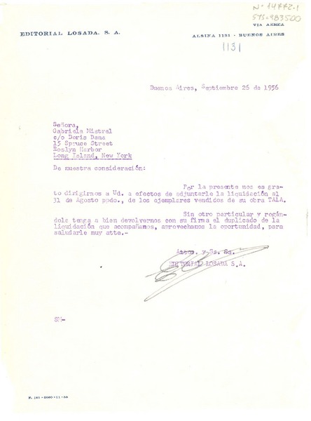 [Carta] 1956 sep. 26, Buenos Aires, [Argentina] [a] Gabriela Mistral, Roslyn Harbor, New York, (U.S.A.)