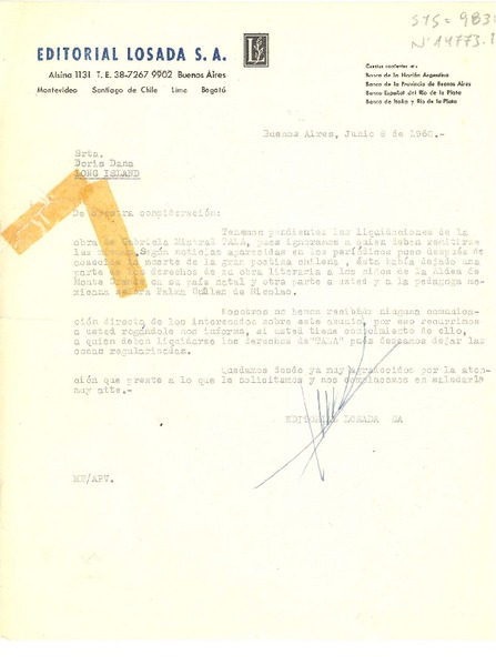 [Carta] 1960 jun. 8, Buenos Aires, [Argentina] [a] Doris Dana, Roslyn Harbor, New York, (U.S.A.)