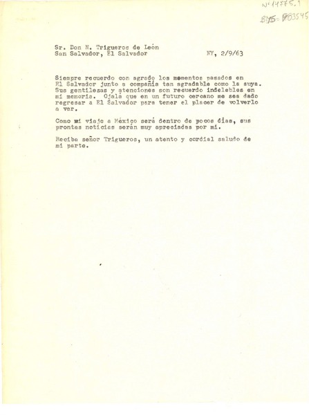 [Carta] 1963 sep. 2, Nueva York, [Estados Unidos] [a] N. Trigueros de León, San Salvador, El Salvador