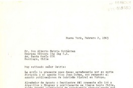 [Carta] 1963 feb. 2, Nueva York, [Estados Unidos] [a] Alberto Ostria Gutiérrez, Empresa Editora Zig-Zag S.A., Santiago, Chile.