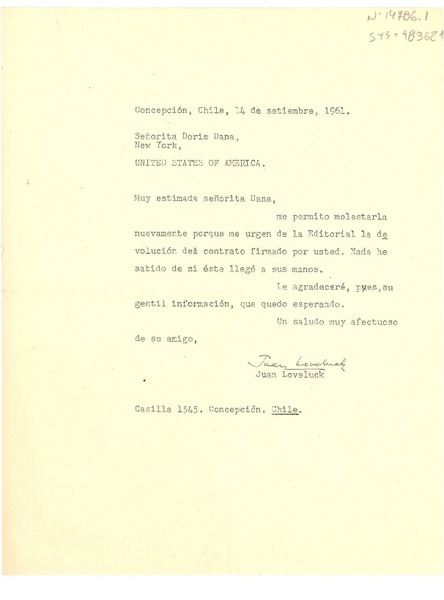 [Carta] 1961 sept. 14, Concepción, Chile [a] Doris Dana, Nueva York, United States of America