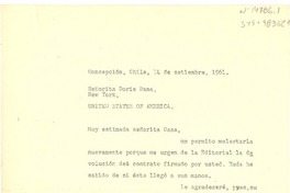 [Carta] 1961 sept. 14, Concepción, Chile [a] Doris Dana, Nueva York, United States of America