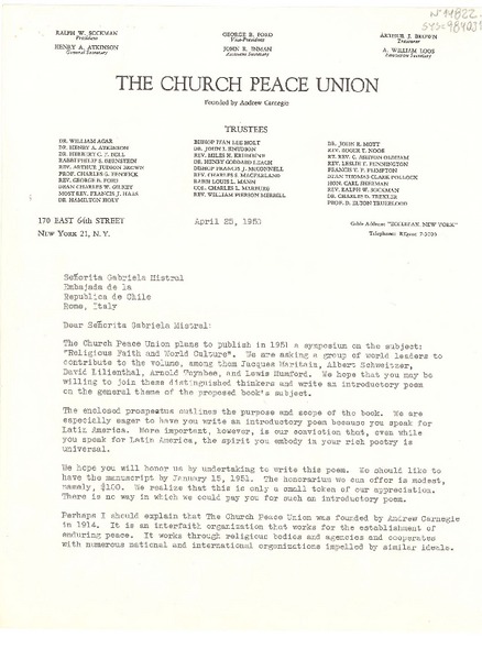 [Carta] 1950 apr. 25, New York, [Estados Unidos] [a] Gabriela Mistral, Rome, Italy