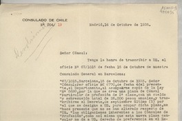 [Oficio] N° 20419, 1935 oct. 16, Madrid, [España] [al] Señor Cónsul de Chile en Comisión, Lisboa, [Portugal]