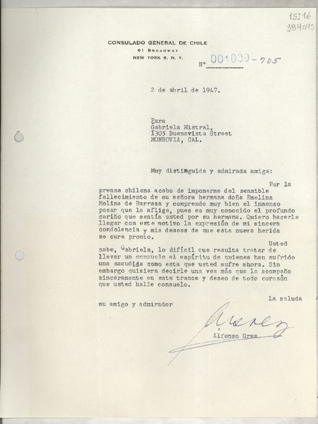 [Carta] 1947 abr. 2, New York, [Estados Unidos] [a] Gabriela Mistral, 1305 Buenavista Street, Monrovia, Cal.