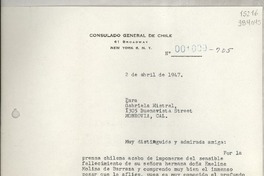 [Carta] 1947 abr. 2, New York, [Estados Unidos] [a] Gabriela Mistral, 1305 Buenavista Street, Monrovia, Cal.