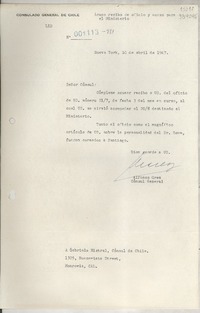 [Carta] 1947 abr. 10, New York, [Estados Unidos] [a] Gabriela Mistral, Cónsul de Chile, 1305 Buenavista Street, Monrovia, Cal.