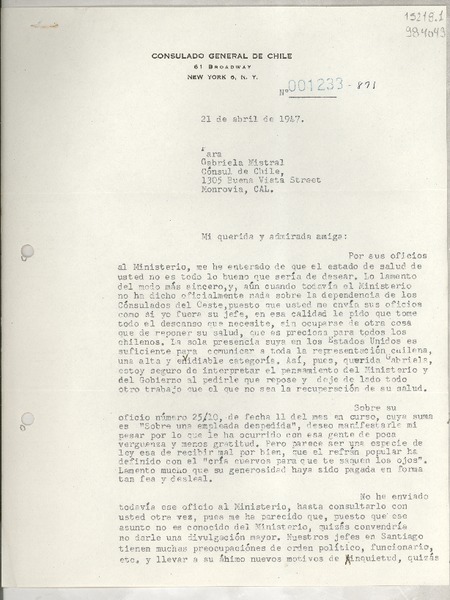 [Carta] 1947 abr. 21, New York, [Estados Unidos] [a] Gabriela Mistral, Cónsul de Chile, 1305 Buenavista Street, Monrovia, Cal.