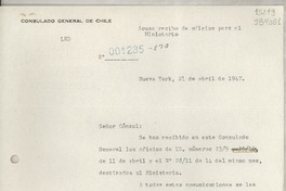 [Carta] 1947 abr. 21, New York, [Estados Unidos] [al] señor Cónsul de Chile, Gabriela Mistral, 1305 Buenavista Street, Monrovia, Cal.