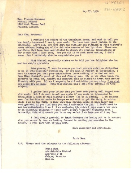 [Carta] 1950 may 17, Mexico City, Mexico [a] Frances Mousseau, Phoenix, Arizona, [Estados Unidos]