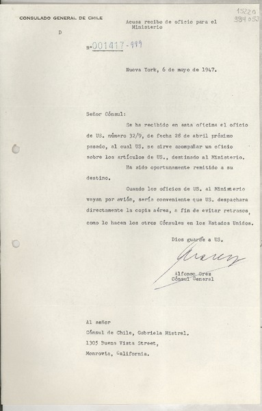 [Carta] 1947 mayo 6, New York, [Estados Unidos] [al] señor Cónsul de Chile, Gabriela Mistral, 1305 Buenavista Street, Monrovia, Cal.