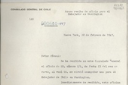 [Oficio] N° 000644-447, 1947 feb. 28, Nueva York, [EE.UU.] [a] Gabriela Mistral, Cónsul de Chile, 1305 Buena Vista Street, Monrovia, California, [EE.UU.]