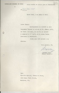 [Carta] 1947 jun. 3, New York, [Estados Unidos] [a] Gabriela Mistral, Cónsul de Chile, 1305 Buenavista Street, Monrovia, Cal.