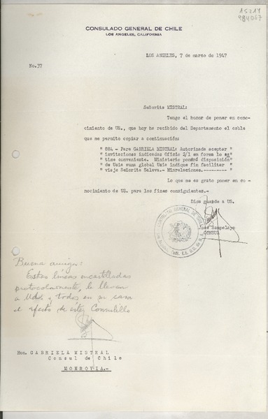 [Oficio] N° 37, 1947 mar. 7, Los Angeles, [EE.UU.] [a la] Hon. Gabriela Mistral, Cónsul de Chile, Monrovia, [EE.UU.]