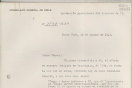 [Carta] 1947 ago. 19, New York, [Estados Unidos] [a] Gabriela Mistral, Cónsul de Chile, 729 East Anapamu Street., Santa Barbara, Cal.