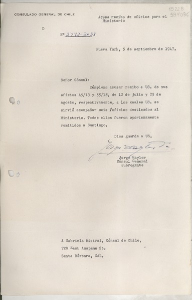 [Circular] N° 2112-2033, 1947 sept. 5, New York, [Estados Unidos] [a] Gabriela Mistral, Cónsul de Chile, 729 East Anapamu St., Santa Bárbara, Cal.