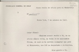 [Circular] N° 3053-2230, 1947 oct. 7, New York, [Estados Unidos] [a] Gabriela Mistral, Cónsul de Chile, 729 East Anapamu Street, Santa Bárbara, Cal.