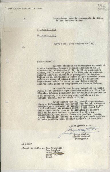 Circular N° 3052-42, 1947 oct. 7, Nueva York, [Estados Unidos] [al] señor Cónsul de Chile, Santa Bárbara