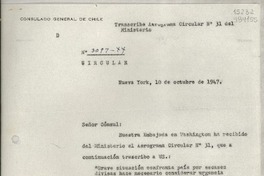 Circular N° 3091-44, 1947 oct. 10, Nueva York, [Estados Unidos] [al] señor Cónsul de Chile, Santa Bárbara