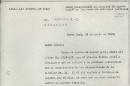 Circular N° 01863-20, 1948 jun. 28, Nueva York, [EE.UU.] [al] Señor Cónsul de Chile, Santa Bárbara, Calif., [EE.UU.]