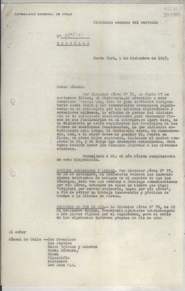 Circular N° 3705-51, 1947 dic. 4, Nueva York, [Estados Unidos] [al] señor Cónsul de Chile, Santa Barbara