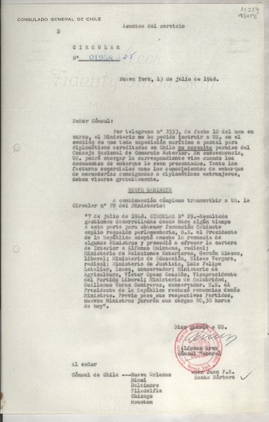Circular N° 01958-25, 1948 jul. 13, Nueva York, [EE.UU.] [a los] [Señores Cónsules de Chile en EE.UU. y Puerto Rico]