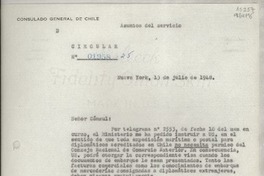 Circular N° 01958-25, 1948 jul. 13, Nueva York, [EE.UU.] [a los] [Señores Cónsules de Chile en EE.UU. y Puerto Rico]