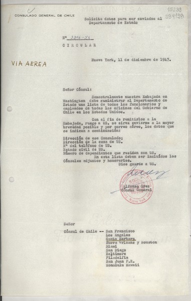 Circular N° 3806-54, 1947 dic. 11, Nueva York, [Estados Unidos] [al] señor Cónsul de Chile, Santa Bárbara