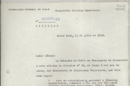 Circular N° 01959-26, 1948 jul. 13, Nueva York, [EE.UU.] [a los] [Señores Cónsules de Chile en EE.UU. y Puerto Rico]