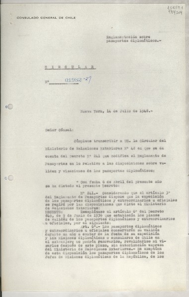 Circular N° 01982-27, 1948 jul. 14, Nueva York, [EE.UU.] [a los] [Señores Cónsules de Chile en EE.UU. y Puerto Rico]