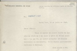 Circular N° 02067-1489, 1948 jul. 26, Nueva York, [EE.UU.] [al] Señor Cónsul de Chile, Santa Bárbara, California, [EE.UU.]