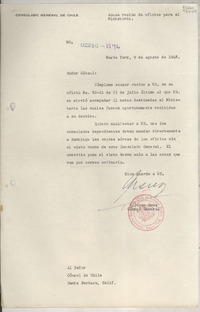 Circular N° 02216-1576, 1948 ago. 9, Nueva York, [EE.UU.] [al] Señor Cónsul de Chile, Santa Bárbara, Calif., [EE.UU.]