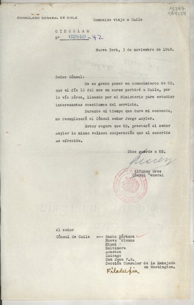Circular N° 02840-42, 1948 nov. 3, Nueva York, [EE.UU.] [a los] [Señores Cónsules de Chile en EE.UU. y Puerto Rico]