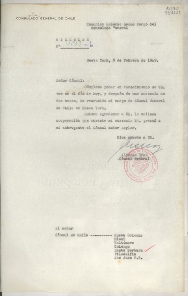 Circular N° 0293-6, 1949 feb. 9, Nueva York, [EE.UU.] [a los] [Señores Cónsules de Chile en EE.UU. y Puerto Rico]