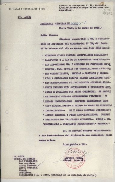 Aerograma circular N° 8, 1948 mar. 4, Nueva York, [Estados Unidos] [al] señor Cónsul de Chile, Santa Bárbara