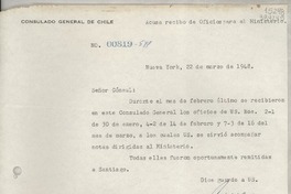 [Circular] N° 00819-514, 1948 mar. 22, Nueva York, [Estados Unidos] [al] señor Cónsul de Chile, Santa Bárbara, California