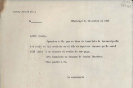 [Memorandum] 1952 dic. 6, Nápoles, Italia [al] Señor Cónsul de Chile en Mallorca, [España]