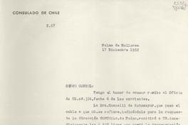 [Oficio] N° 67, 1952 dic. 17, Palma de Mallorca, [España] [al] Señor Cónsul de Chile en Nápoles, Italia