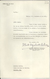 [Oficio] N° 833, 1950 nov. 11, México D. F. [a] Gabriela Mistral, Cónsul de Chile, Veracruz