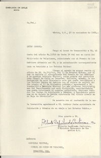 [Oficio] N° 846, 1950 nov. 18, México D. F. [a] Gabriela Mistral, Cónsul de Chile, Veracruz