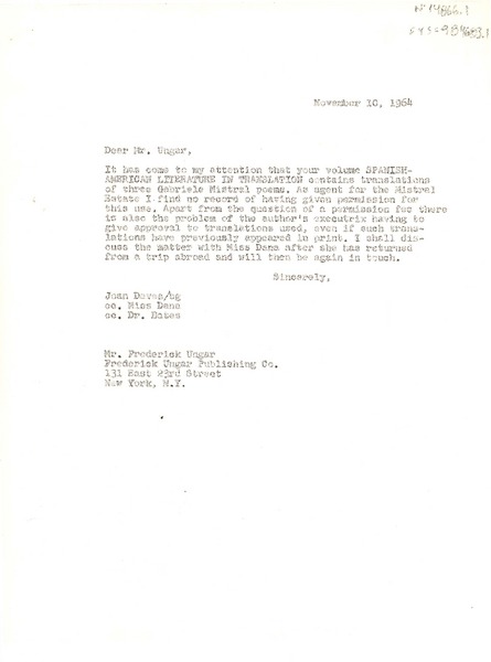 [Carta] 1964 nov. 10, [Estados Unidos] [a] Frederick Ungar, New York, [Estados Unidos]