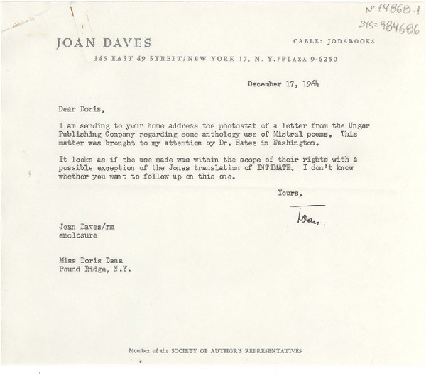 [Carta] 1964 dic. 17, New York, [Estados Unidos] [a] Doris Dana, New York, [Estados Unidos]