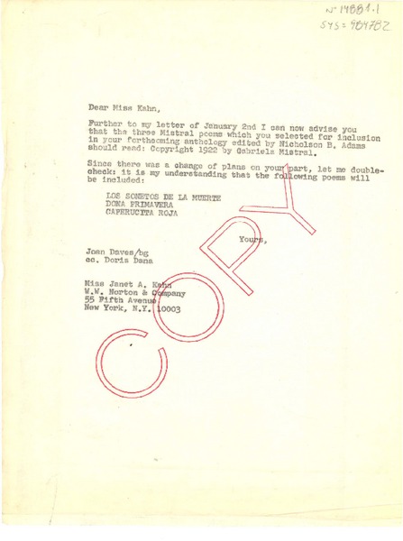 [Carta] [1966?], [Estados Unidos] [a] miss Janet A. Kahn, con copia a Doris Dana, New York, [Estados Unidos]