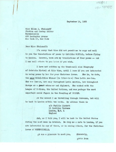[Carta] 1966 sep. 14, [Francia] [a] Ellen A. Stoianoff, New York, [Estados Unidos]