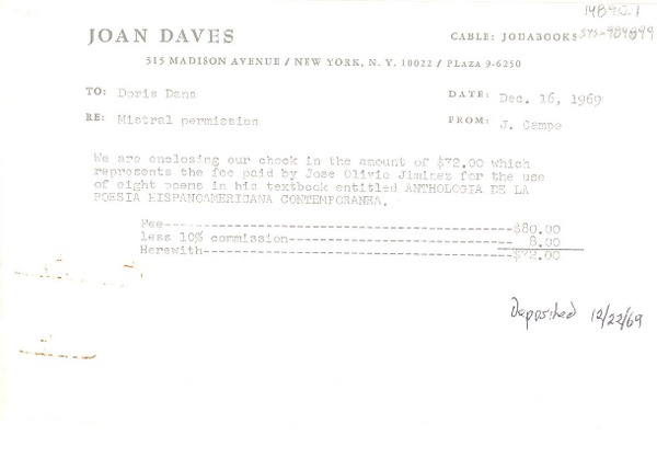 [Carta] 1969 dec. 16, [New York, Estados Unidos] [a] Doris Dana