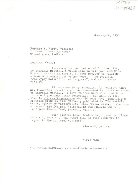 [Carta] 1956 jan. 2, [Estados Unidos] [a] Bernard B. Perry, Bloomington, Indiana, [Estados Unidos]